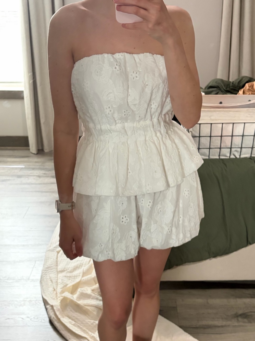 Two piece white eyelet/lace strapless top short set